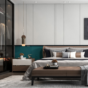 定制现代轻奢极简护墙板环保木饰面板卧室皮革硬包主卧床头背景墙