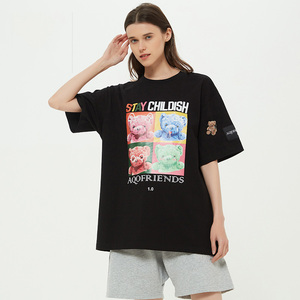 aqo韩国潮牌夏季休闲t恤男女同款宽松百搭短袖彩色小熊aqofriends