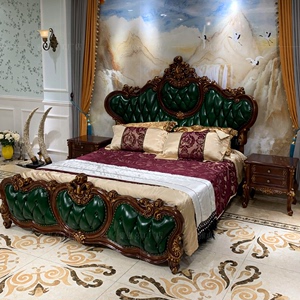 欧式真皮床1.8米主卧室实木雕花双人大床绿色皮公主床2米深色家具