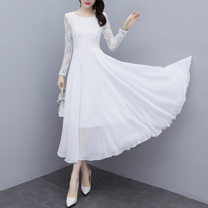 雪纺连衣裙女长袖名媛气质白色仙女裙春装2023年新款大码显瘦长裙