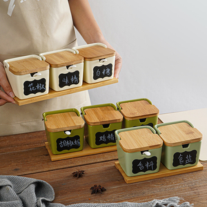 简约日式翻盖陶瓷调味罐厨房用品装盐糖味精调料盒子组合套装家用