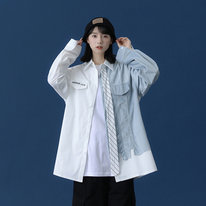 高街嘻哈拼接衬衫男日系潮牌中性风潮流宽松休闲撞色长袖衬衣外套