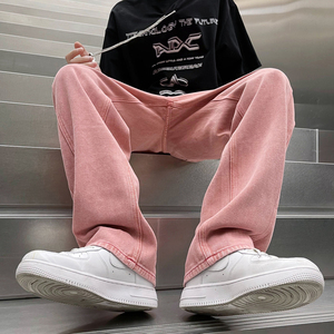粉红色牛仔裤男夏季日系潮牌宽松潮流ins高街嘻哈阔腿休闲长裤子