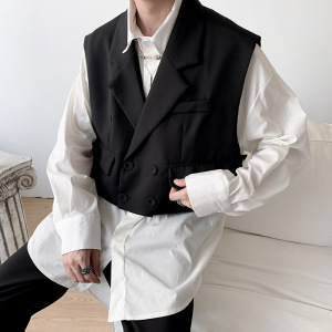 假两件西装马甲白衬衫男ins潮牌炸街潮流宽松痞帅设计感长袖衬衣