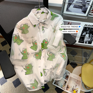 青蛙假两件短袖衬衫男夏季日系潮牌原宿宽松休闲帅气防晒衬衣外套