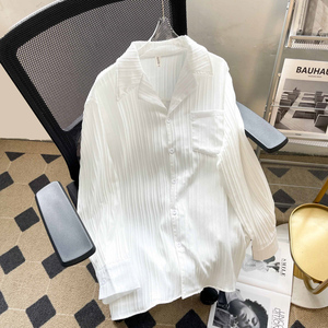 古巴领长袖衬衫男女夏季纯色韩版潮流百搭宽松高级感白色衬衣外套