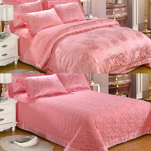 高端欧式贡缎提花纯棉四件套粉色加厚夹棉床盖被套结婚庆床上用品