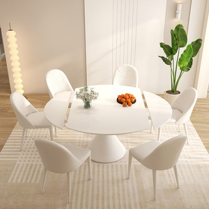 奶油风纯白色哑光岩板餐桌现代简约小户型家用伸缩旋转吃饭桌子新