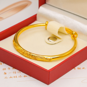 黄金手镯女花丝推拉金镯子实心足金包银手环复古风纯金首饰送妈妈