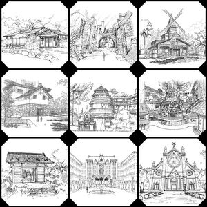 日本动漫场景线稿 城市建筑 游戏美术 bg背景 绘画设计素材6161
