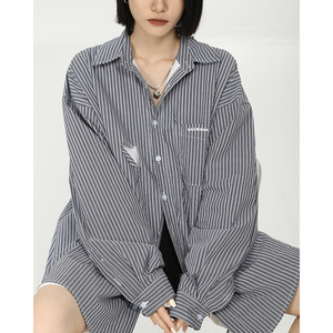 sandro veneta 2022早春法式破洞衬衫女宽松中长款衬衣假两件上衣