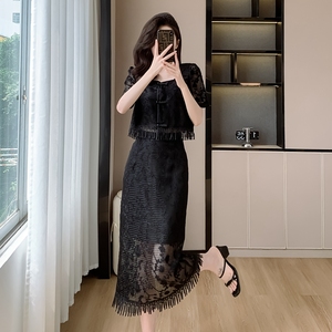 黑色国风新中式修身蕾丝连衣裙长裙两件套2024夏季新款流苏套装裙