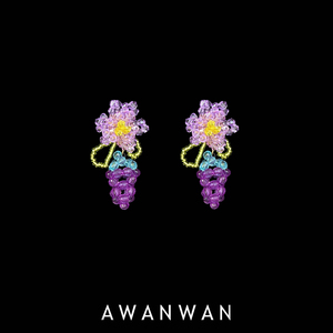 葡萄成熟时～夏季清新森系紫色水晶藤蔓花朵葡萄耳环气质甜美耳钉