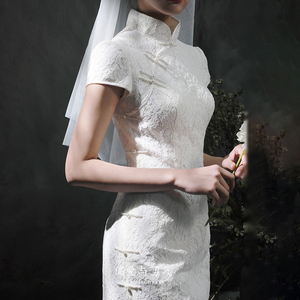 轻婚纱旗袍气质改良女夏季出门纱白色蕾丝复古领证订婚礼服新娘