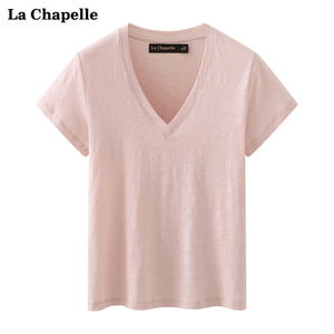 拉夏贝尔/La Chapelle纯色正肩V领短袖女简约纯棉T恤百搭打底体恤
