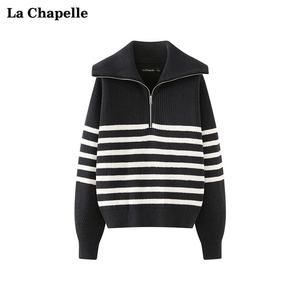 拉夏贝尔/La Chapelle春季半拉链立领条纹长袖毛衣外套女针织衫