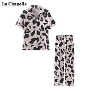 拉夏贝尔/La Chapelle夏新款粉色奶牛纹翻领上衣九分裤睡衣套装女