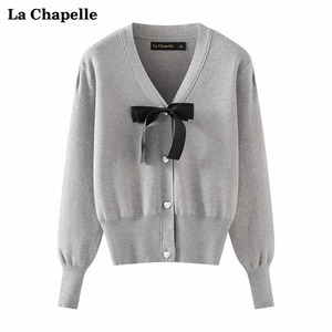 拉夏贝尔LaChapelle春新款v领蝴蝶结灰色针织开衫女毛衣外套上衣