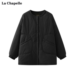 拉夏贝尔/La Chapelle纯色圆领排扣短款棉服外套女加厚夹棉棉衣冬