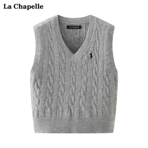 拉夏贝尔/La Chapelle春季新款V领针织刺绣马甲女学院风减龄背心