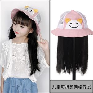 儿童假发帽子夏季带头发网帽可拆卸直发网红卷发女童写真拍照遮阳