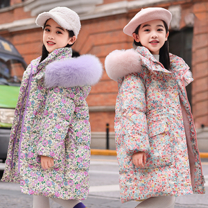 冬季新款巴拉中长款女童羽绒服加厚白鸭绒韩版洋气儿童碎花外套潮