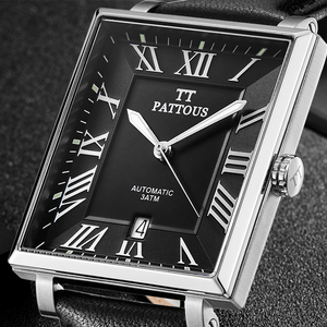 百陀士手表男全自动机械表超薄手表防水潮流皮带方形商务男士手表