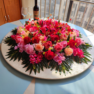 红色大圆餐桌花圆桌中间摆花轻奢仿真台花酒店饭店转盘花假花装饰