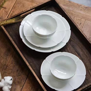 纯白圆形花边浅盘创意中式陶瓷菜盘子碟子米饭碗汤碗商用西式餐具