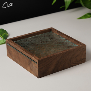 新中式创意复古海棠玻璃透明抽拉正方深色木盒精致糕点心盘商用