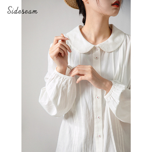 边缝原创日系文艺娃娃领衬衫长袖女上衣气质百搭纯棉白色衬衣秋季