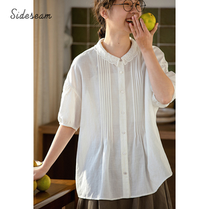 边缝原创森系文艺白色衬衫女夏季薄款设计感小众亚麻短袖白衬衣夏