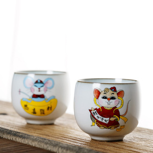 景德镇手绘老鼠茶杯纯手工汝窑主人杯陶瓷品茗杯单杯茶盏功夫茶具