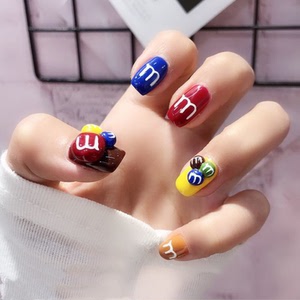 m豆美甲手工立体m豆巧克力豆美甲片手工穿戴指甲贴彩色光疗甲成品