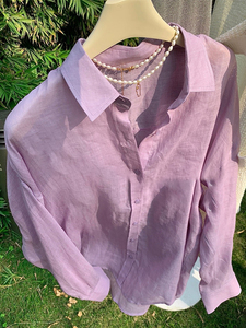 外贸货出口高端原单大品牌剪标女装捡漏设计感小众紫色棉麻衬衫女