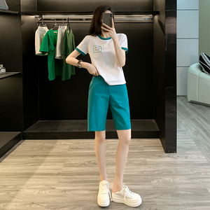 2024年时尚韩版夏天新款潮牌五分裤休闲套装女洋气减龄短裤两件套