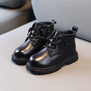 牛皮黑色真皮鞋高帮纯皮儿童马丁靴男童女童宝宝棉短靴子加绒棉鞋