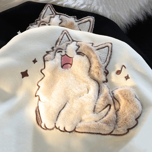 日系可爱猫咪3D立体植绒连帽卫衣女秋季学院风宽松百搭学生套头衫