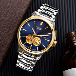 宝舵手表男情侣正品商务24k金防水镂空镶钻钨钢机械表女手表gg008