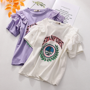 女童短袖T恤夏季2024新款纯棉上衣儿童洋气花边袖衣服韩版中大童