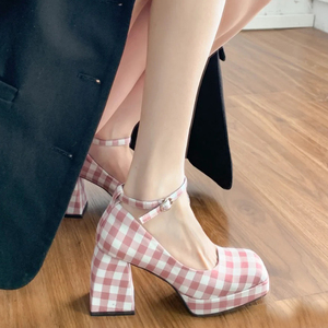 格子玛丽珍鞋女2024春季新款法式小个子单鞋粉色防水台高跟鞋粗跟