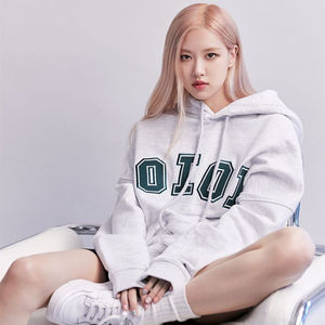 blackpinkrose朴彩英同款秋冬新款灰色印花卫衣连帽长袖上衣宽松