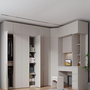 转角衣柜l型现代简约家用卧室柜子极简风梳妆台电脑桌一体大衣橱