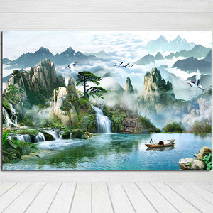 新中式装饰画风景画高山流水迎客松画报电视墙沙发背景墙贴挂画