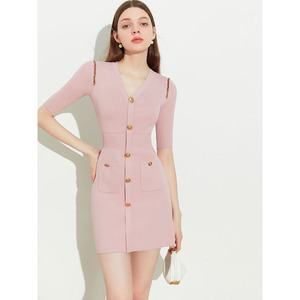 MALCENL KLON新款优雅气质粉色法式V领修身针织小香风连衣裙
