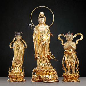 铜雕观音佛像站像家用手工贴金南海观世音菩萨像金童玉女中式摆件