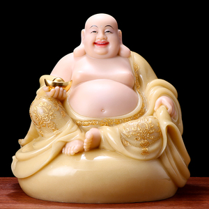布袋和尚 黄玉镶金弥勒佛佛像笑口佛大肚弥勒佛客厅供奉招财摆件