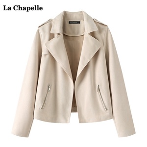 拉夏贝尔/La Chapelle复古麂皮绒短款外套女秋季翻领机车夹克上衣