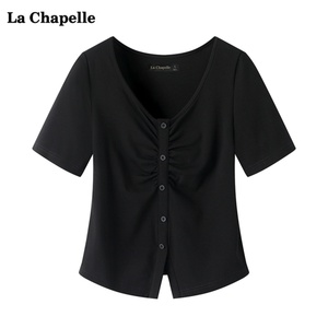 拉夏贝尔/La Chapelle黑色正肩V领t恤女夏季新款显瘦小众体恤上衣