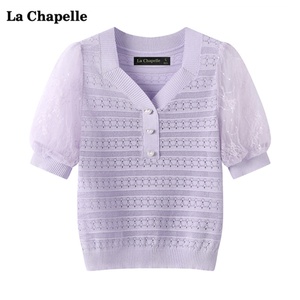 拉夏贝尔/La Chapelle镂空蕾丝拼接针织衫女夏新款泡泡袖V领上衣